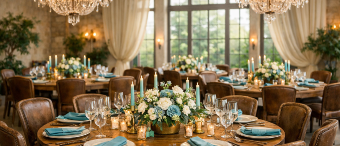 Hochzeitssaal gedeckter Tisch Hochzeitslocation rustikal, Türkis, Hochzeitssaal Galatische, Kerzen, Kronleuchter